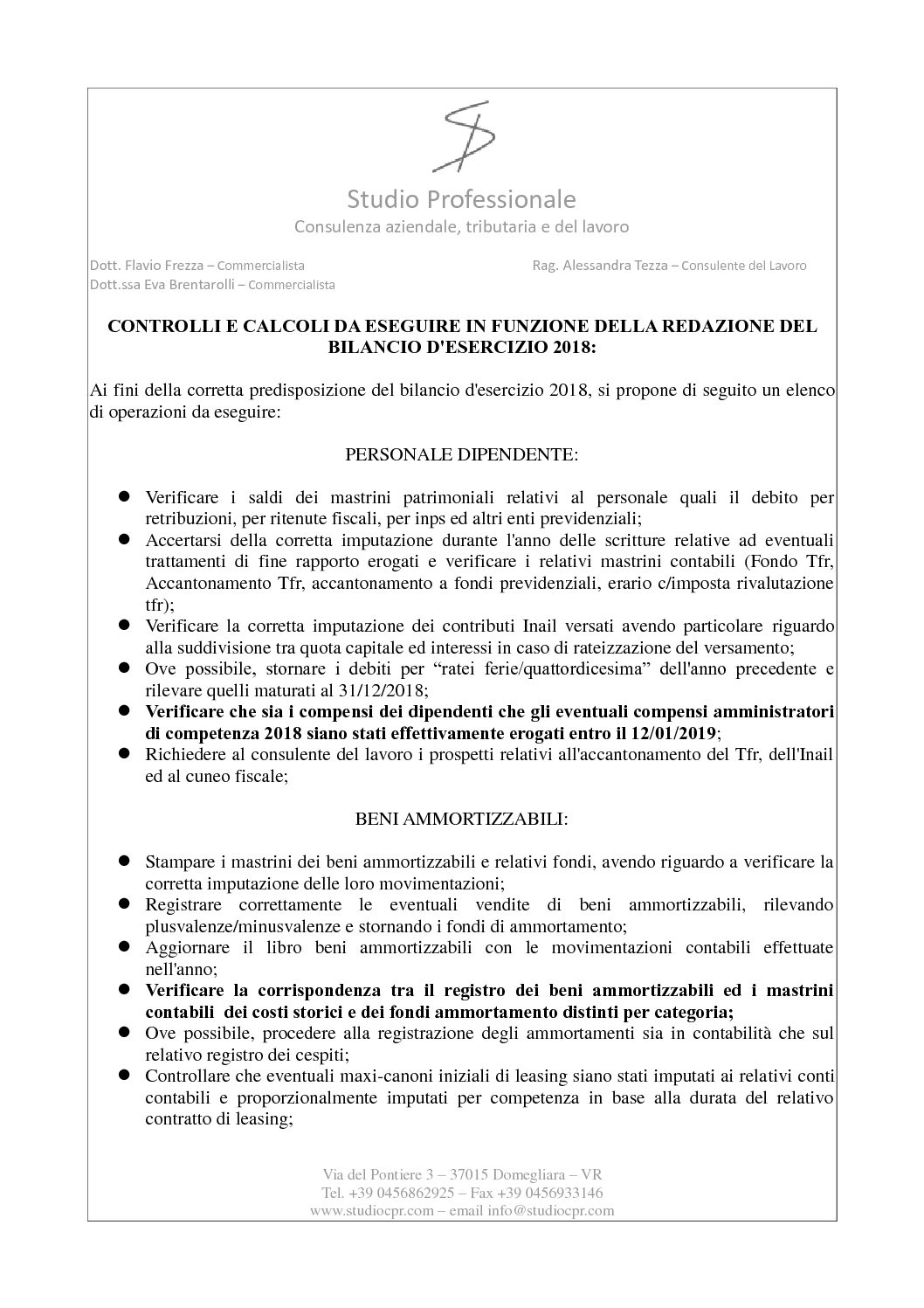 LISTA DI CONTROLLO BILANCIO 2018