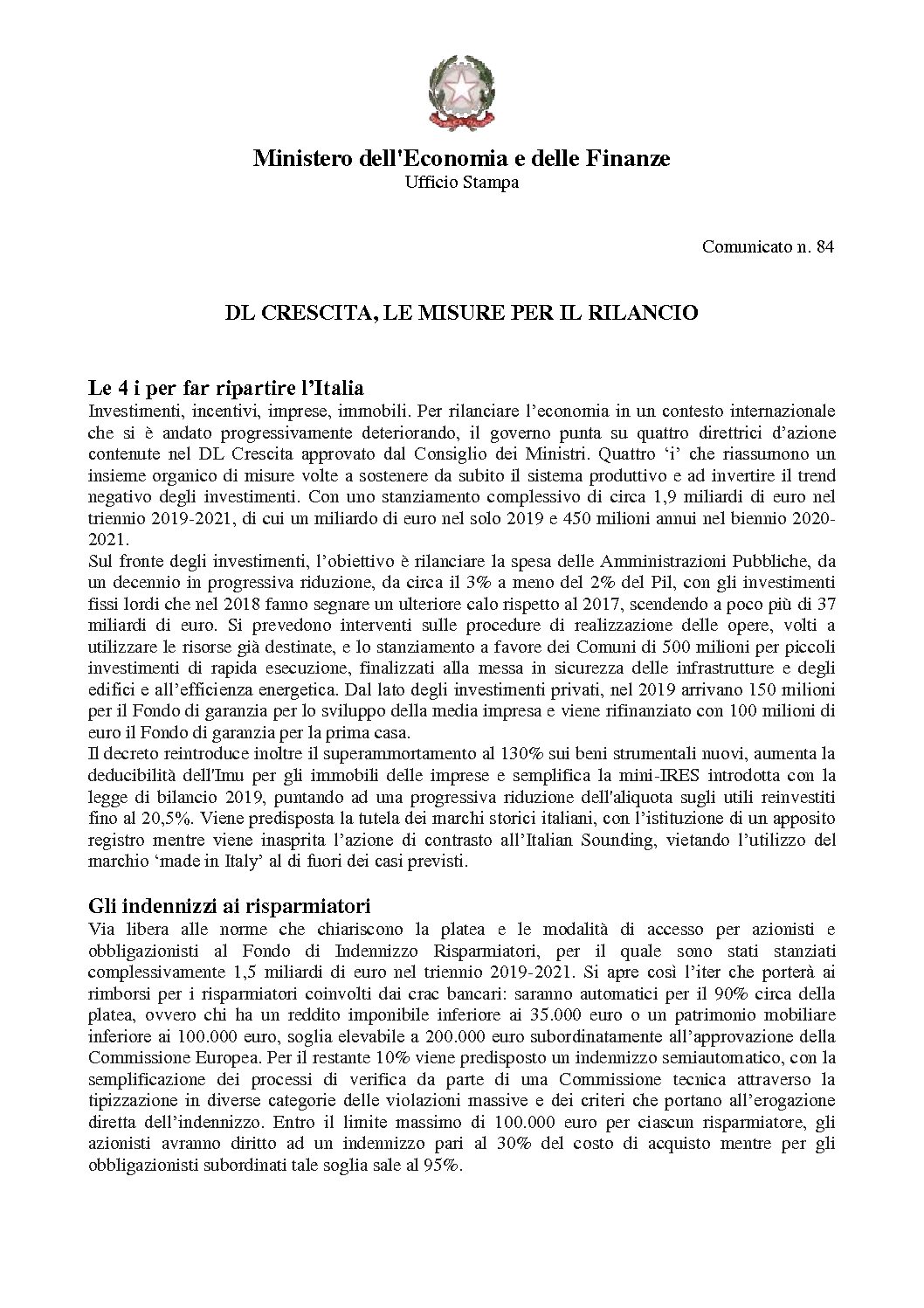 comunicato_0084 DL CRESCITA