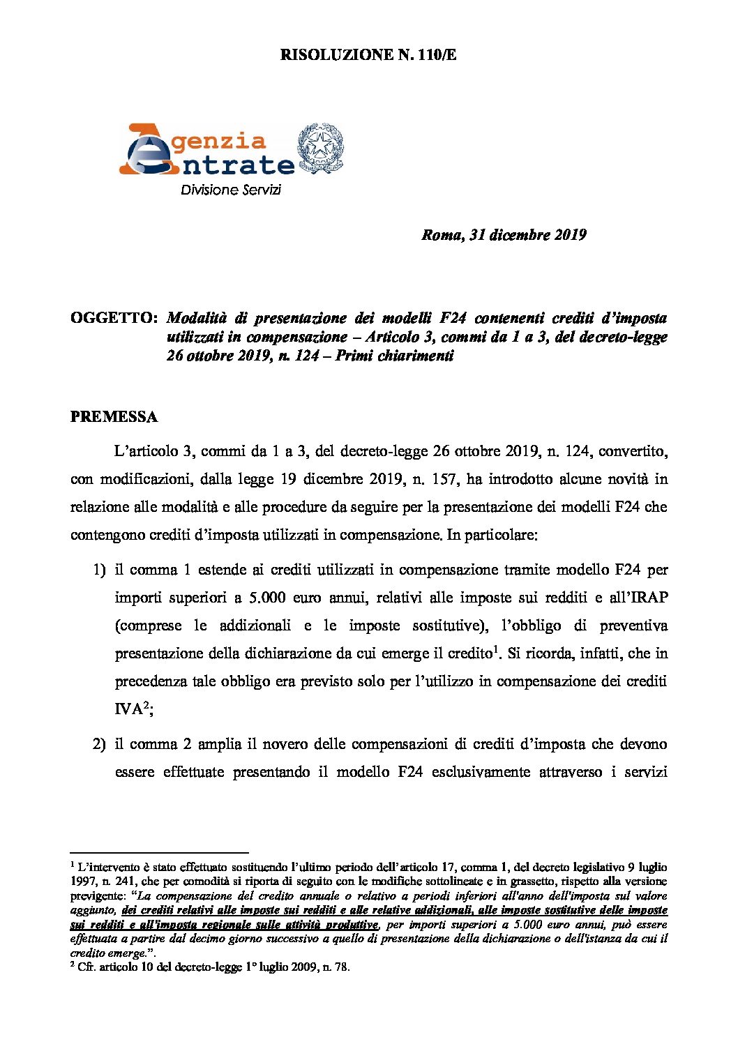 Risoluzione compensazioni F24 2020 def – pub