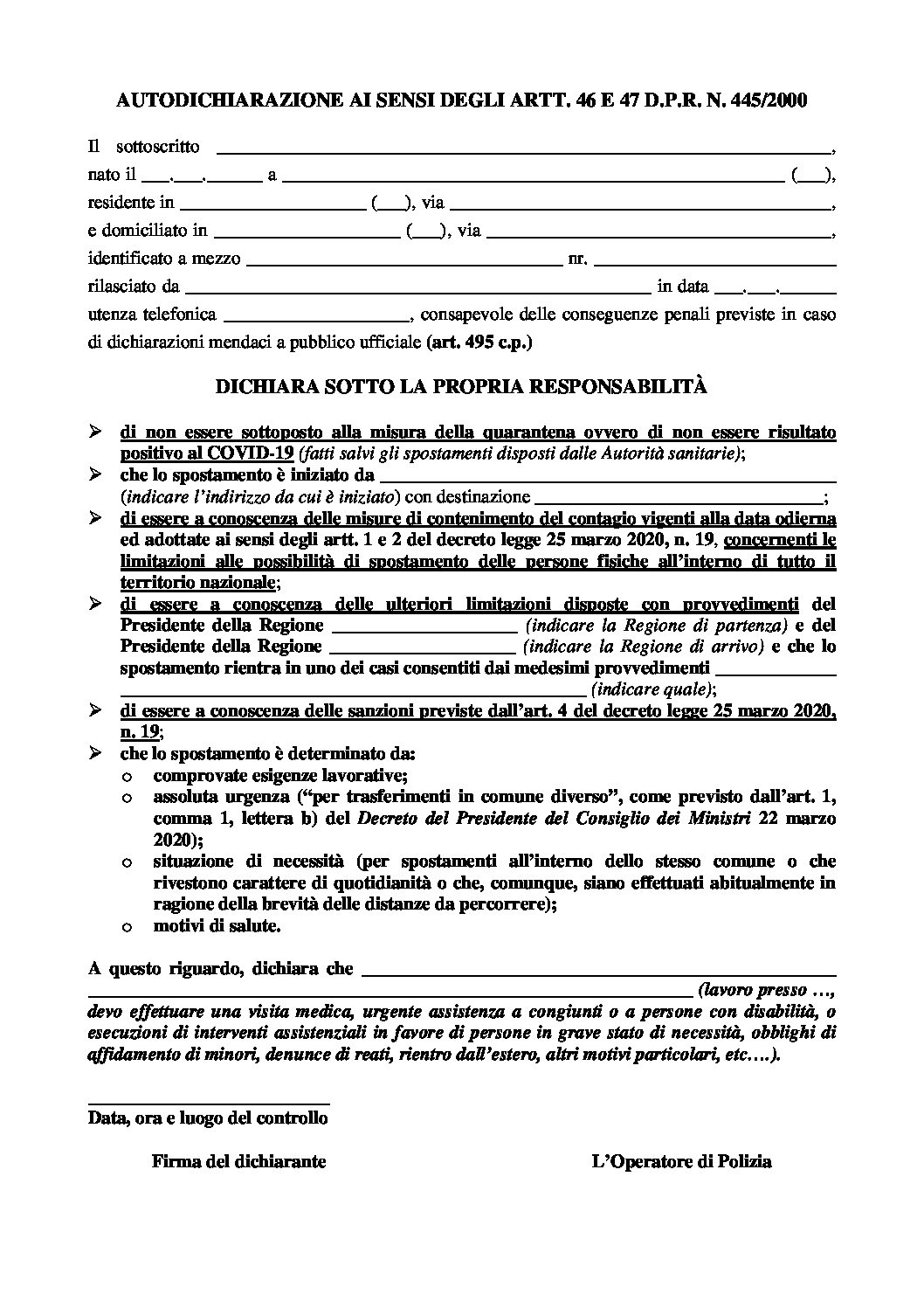 AUTOCERTIFICAZIONE SPOSTAMENTI 26 marzo 2020