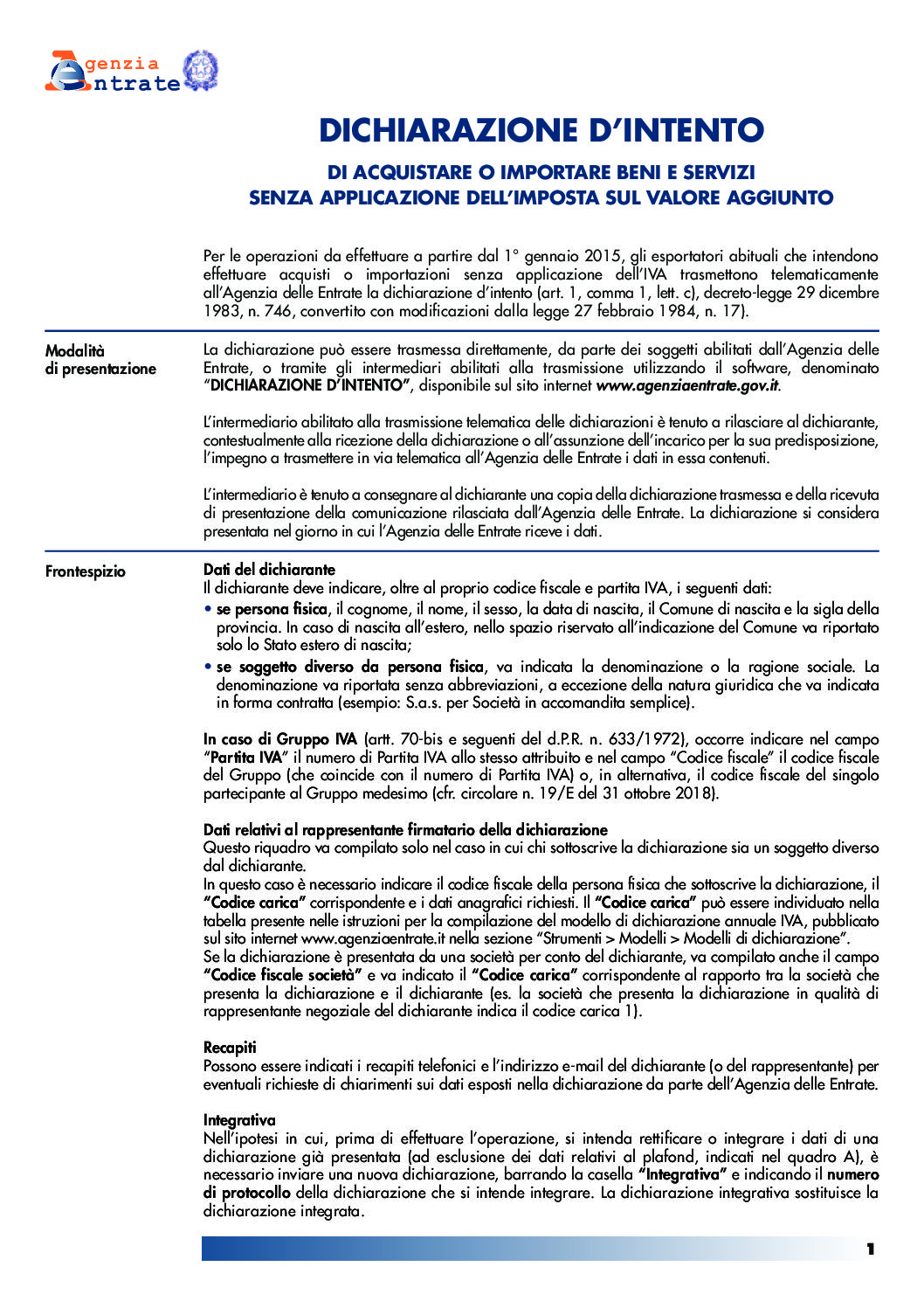 istruzioni dichiarazione intento 2020 Studio Professionale Cpr