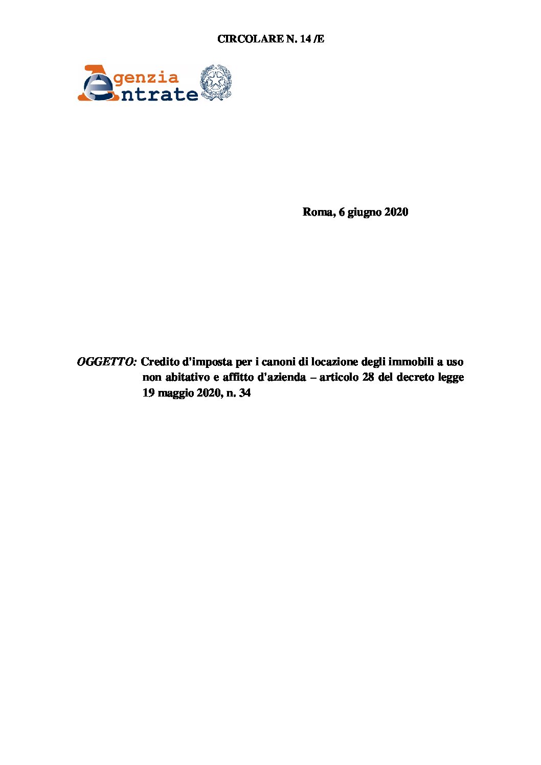 Circolare 14 del 6 giugno 2020_ Credito Imposta locazioni DLRilancio