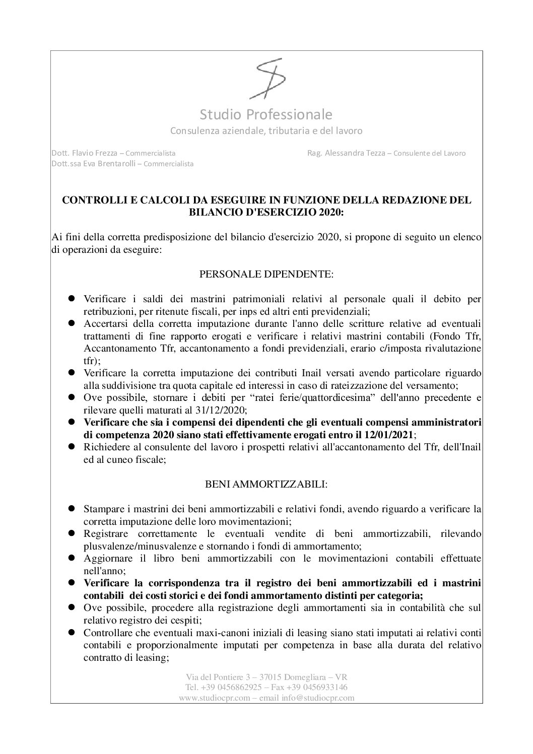LISTA DI CONTROLLO BILANCIO 2020