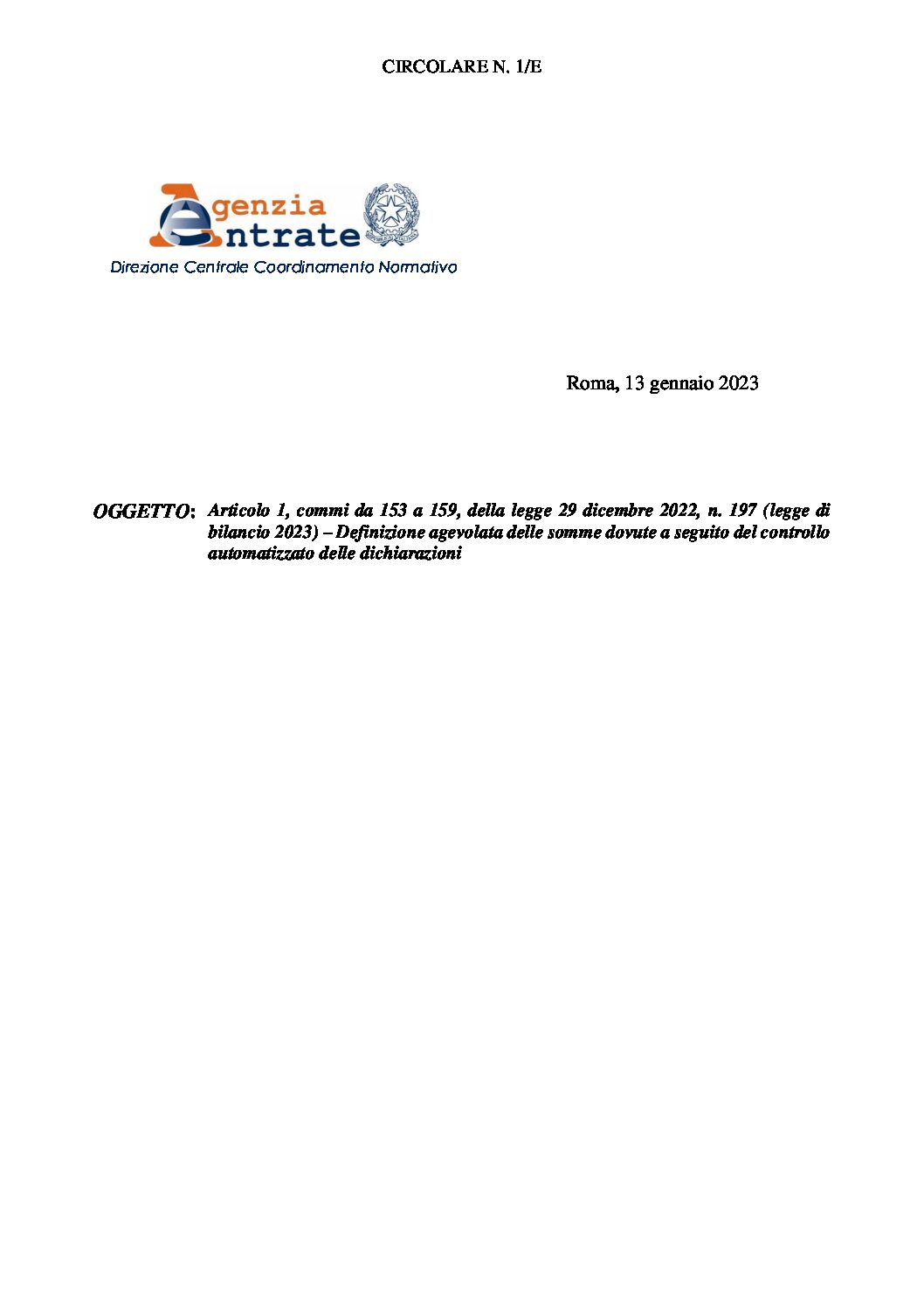 Circolare definizione 1E ADE