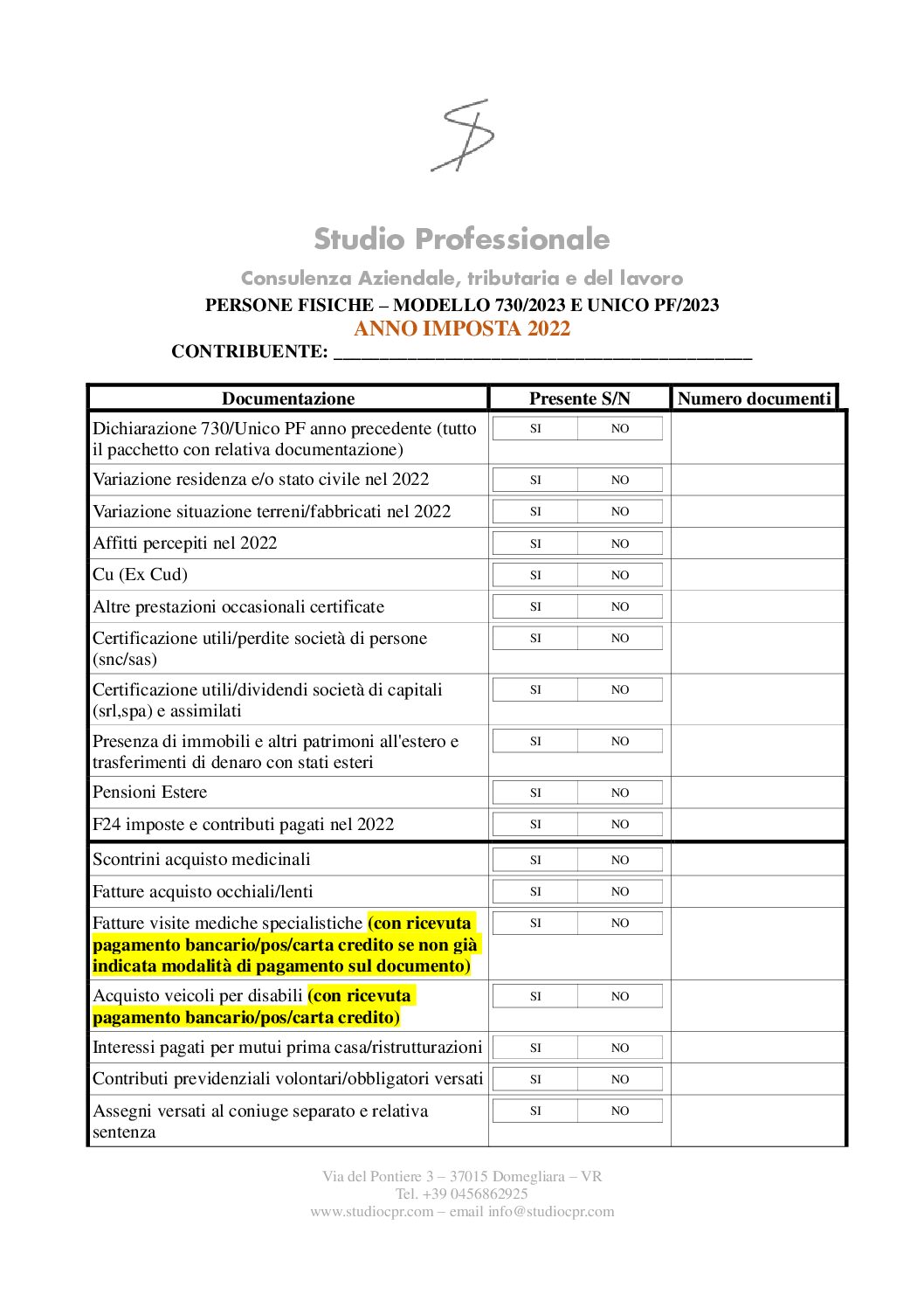 documenti per redditi 2023